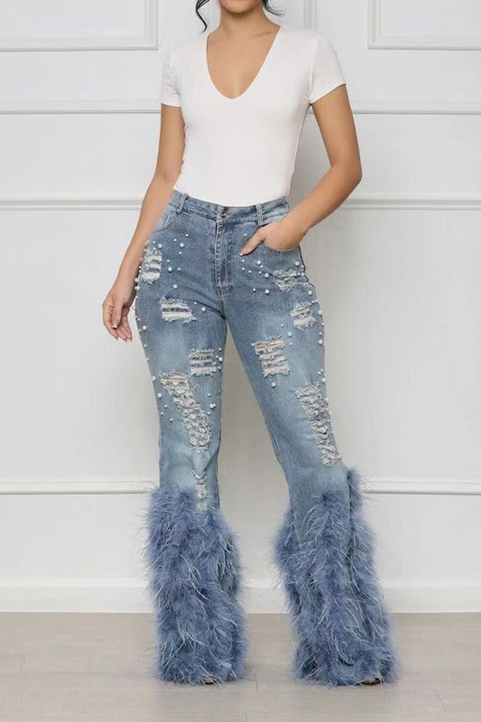 Feather Detail Ripped Denim Jeans