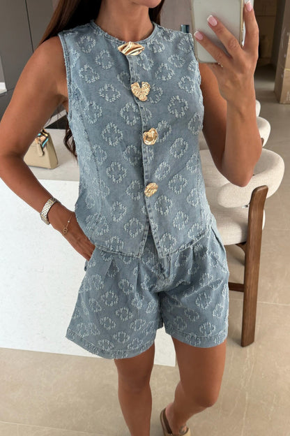 Sleeveless Denim Shorts Two Piece Set