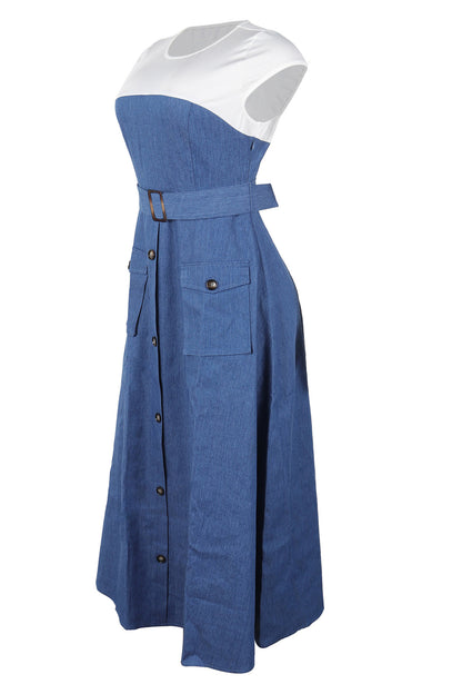 Elegant Denim Patchwork Pocket A-Line Dress