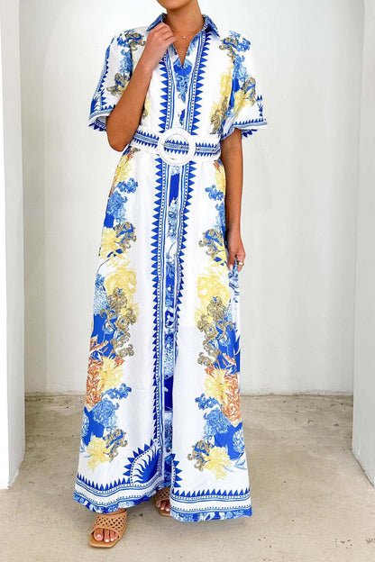 Printed Turn-Down Collar Maxi Dress