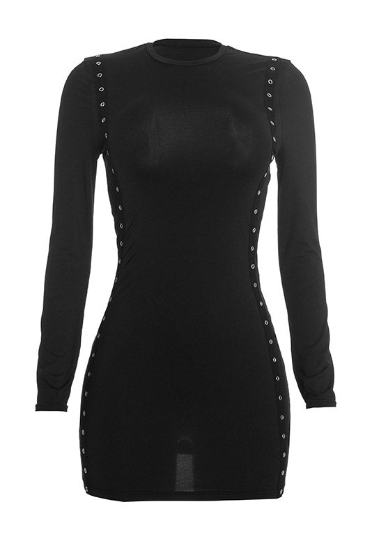 Grommet-Detail Long-Sleeve Mini Dress