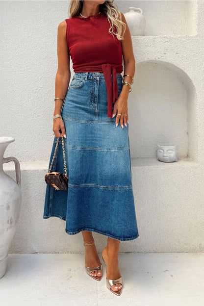Tiered A-Line Denim Midi Skirt