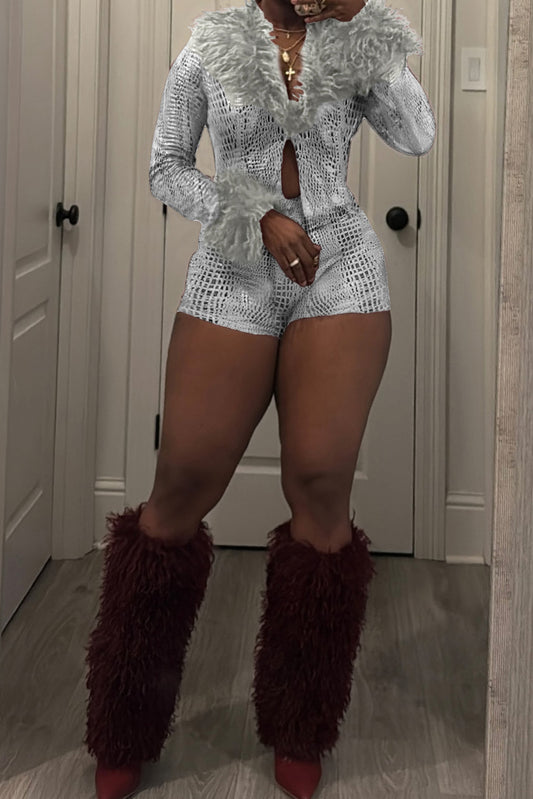 Fur Collar & Cuff Metallic Top and Shorts Set
