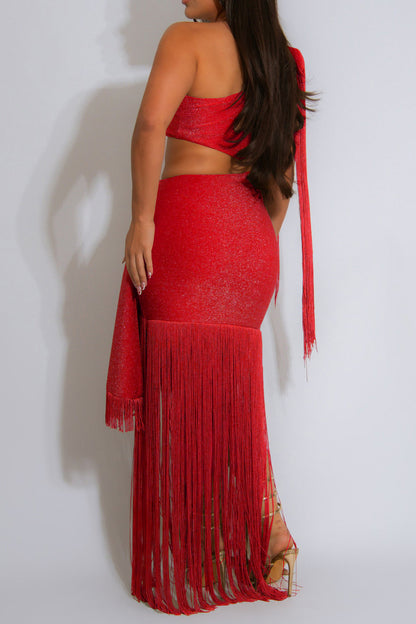 Shimmer One Shoulder Fringe Cutout Maxi Dress