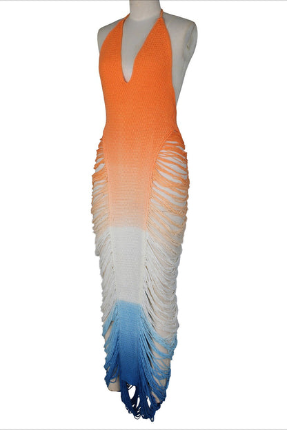 Crochet Halter Fringe Maxi Dress