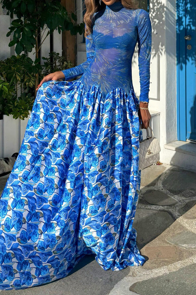 Mock Neck Mesh Floral Maxi Dress