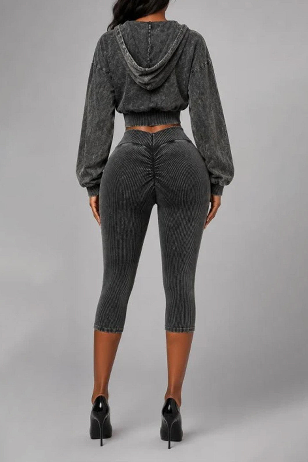 Washed Hoodie & Ribbed Capri Leggings Set