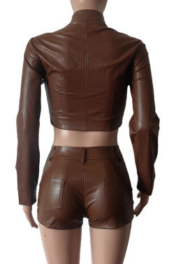 Leather Crop Jacket and Shorts Set
