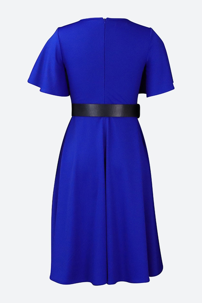 Bell Sleeve Solid Color Belt Dress