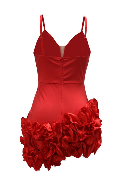 Plunging 3D Ruffle Asymmetrical Mini Dress