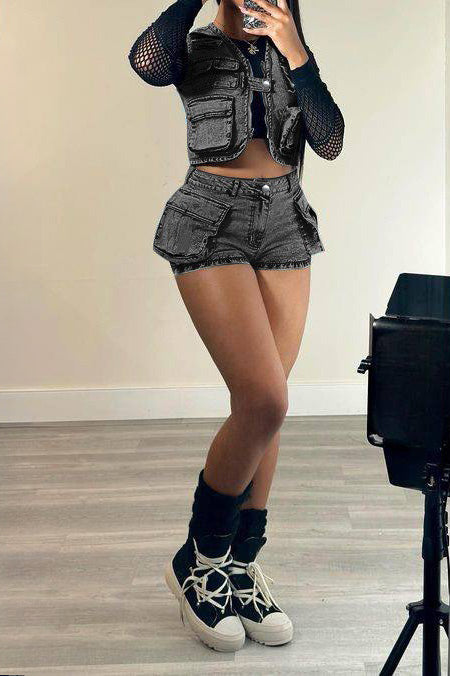 Denim Utility Vest & Stretch Shorts Set