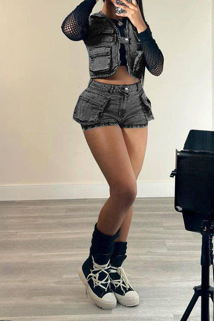 Denim Utility Vest & Stretch Shorts Set