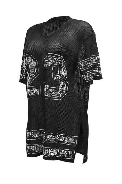 Rhinestone 23 Sheer Mesh Jersey Tunic