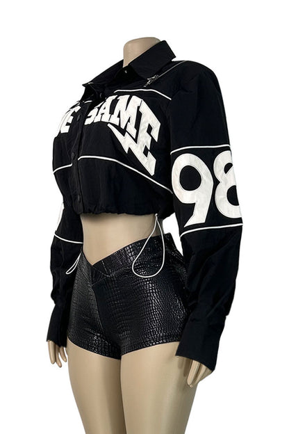 Letter-Embroidered Cropped Drawstring Jacket