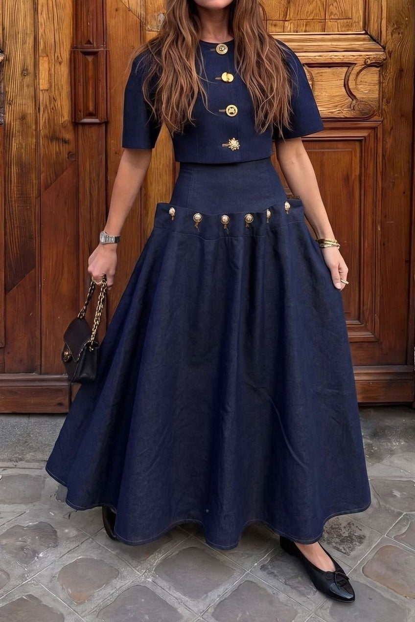 Statement Button Denim Top & Skirt Set