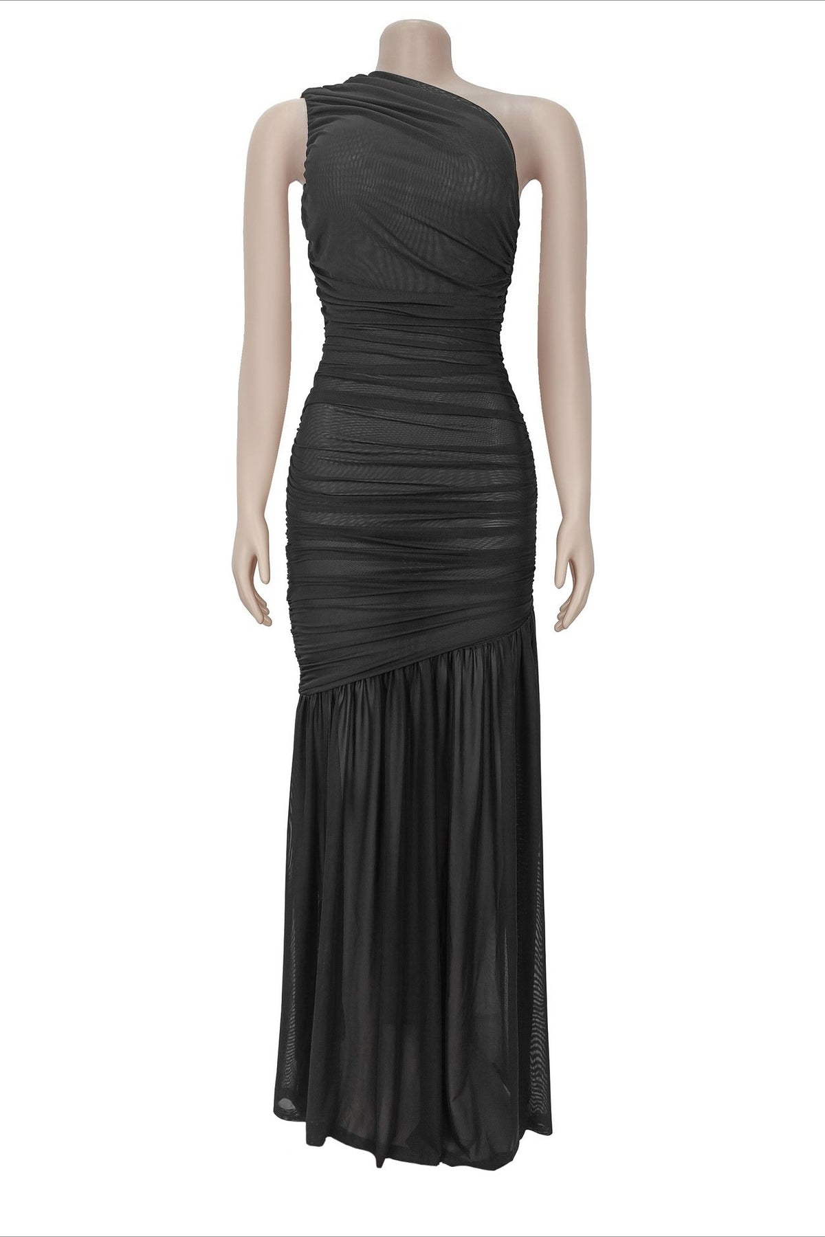 One-Shoulder Ruched Mesh Maxi Dress