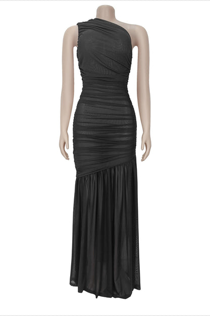 One-Shoulder Ruched Mesh Maxi Dress