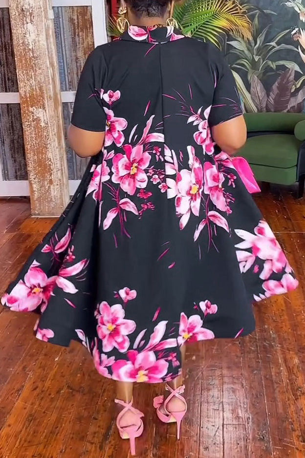 Floral V-Neck Short Sleeve Zip Dress