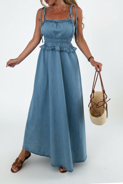 Tie-Strap Smocked Waist Denim Maxi Dress