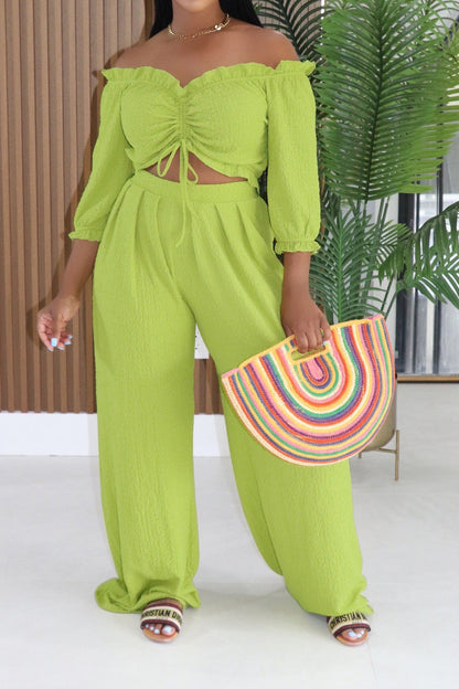 Textured Off-Shoulder Ruched Top & Wide Leg Pants Set