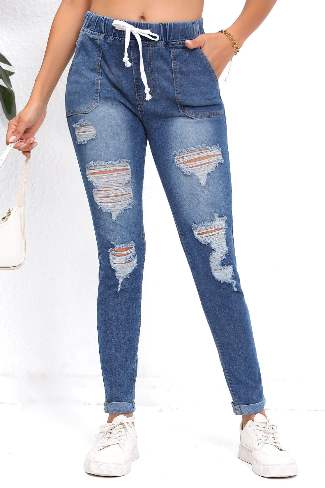 Drawstring Waist Ripped Roll Up Hem Skinny Jeans