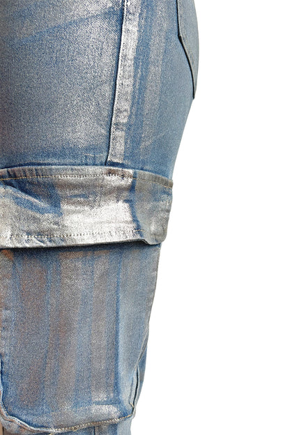 Hot Silver Elastic Cargo Jeans