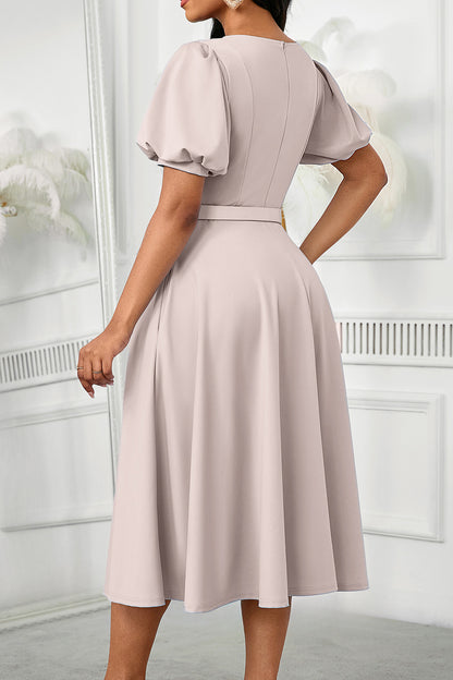 Puff Sleeve High Waist Solid Round Neck Dress