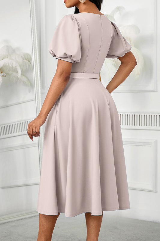 Puff Sleeve High Waist Solid Round Neck Dress