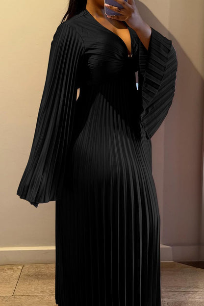 Plus Size V-Neck Pleated Flare Sleeve Maxi Dress