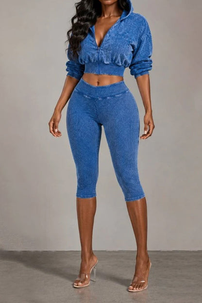 Washed Hoodie & Ribbed Capri Leggings Set