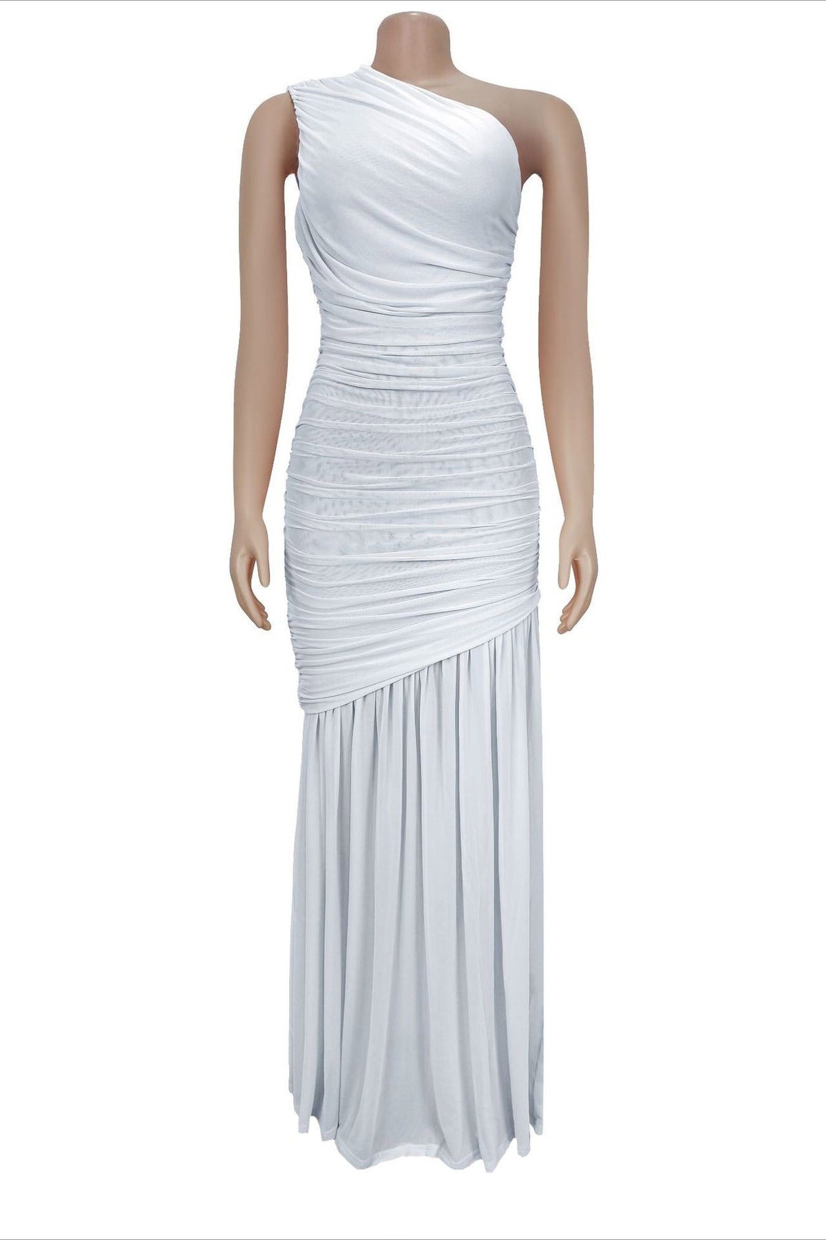 One-Shoulder Ruched Mesh Maxi Dress