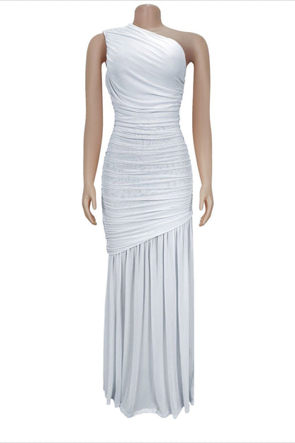 One-Shoulder Ruched Mesh Maxi Dress