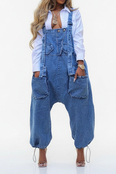 Denim Drawstring Wide Leg Overall Jumpsuit