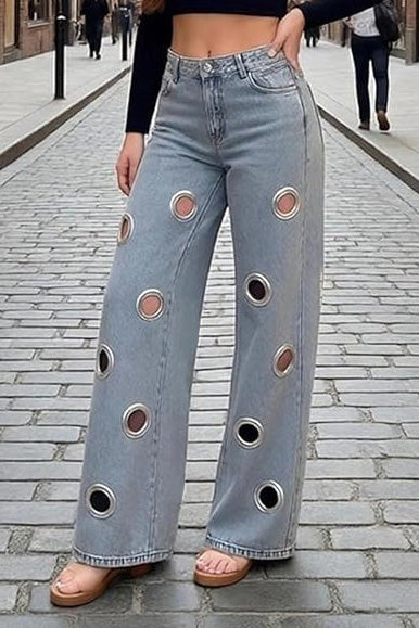 Oversized Grommet Cutout Wide Leg Jeans