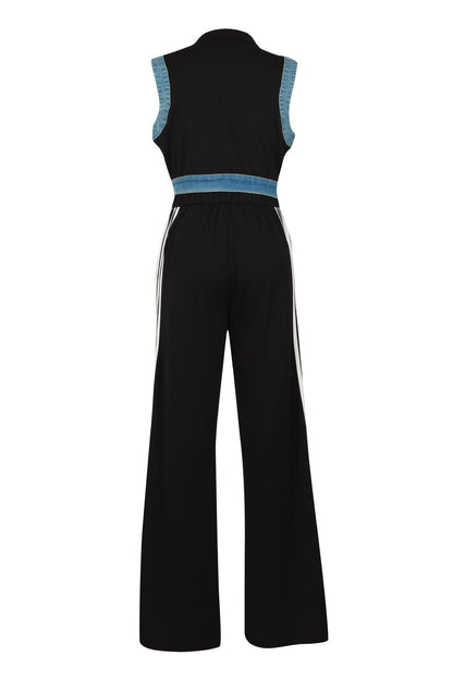 Sporty Striped Denim Crop Vest & Jeans Set