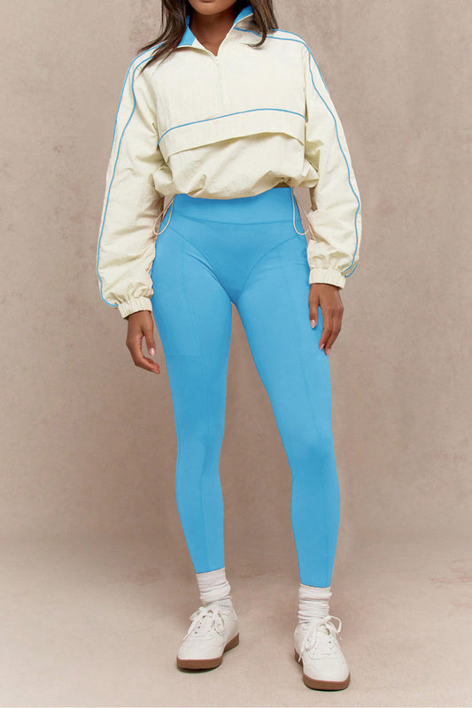 Drawstring Waist Nylon Top & Yoga Pants Activewear Set
