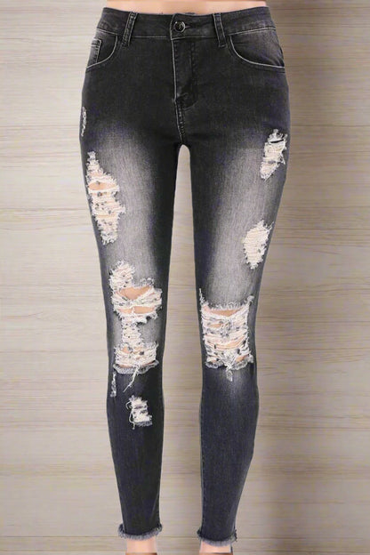 High Waist Stretch Ripped Jeans - Skinny Fit