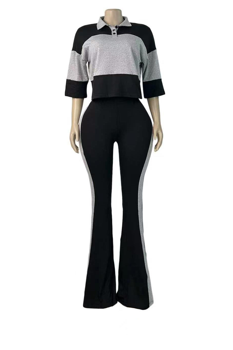 Collared Top & Flare Pants Two-Piece Set