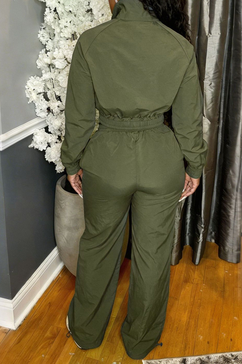 Zip-Front Piped Top & Wide-Leg Pants Set