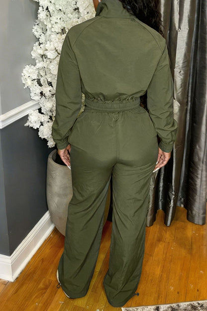 Zip-Front Piped Top & Wide-Leg Pants Set