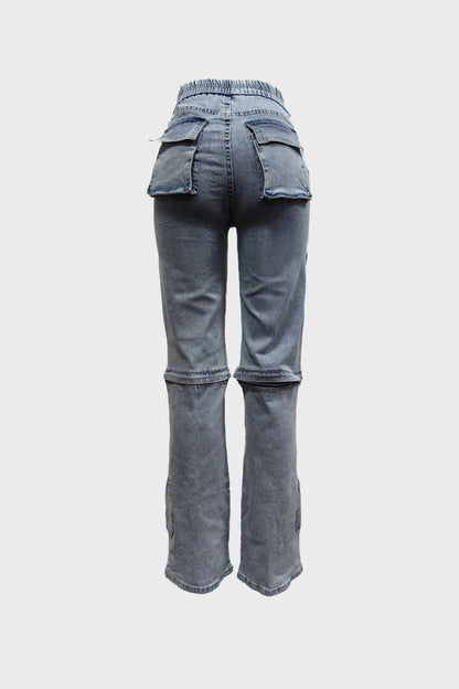 Stretchy Distressed Button Down Cargo Jeans