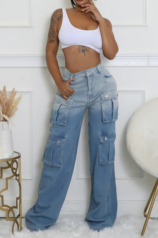 Casual Multi-Pocket Ombre Wide-Leg Jeans