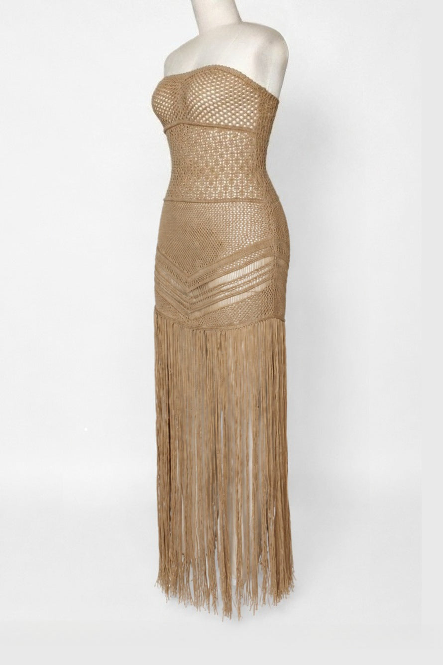 Strapless Crochet Fringe Maxi Dress