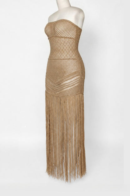 Strapless Crochet Fringe Maxi Dress