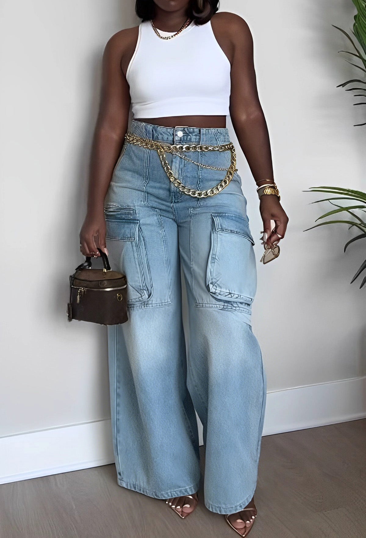 High-Rise Cargo Wide-Leg Utility Denim Jeans