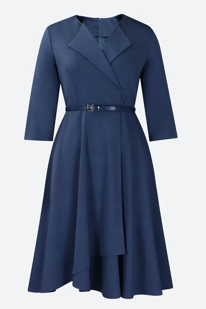Three-Quarter Sleeve Ruched Waist Dress