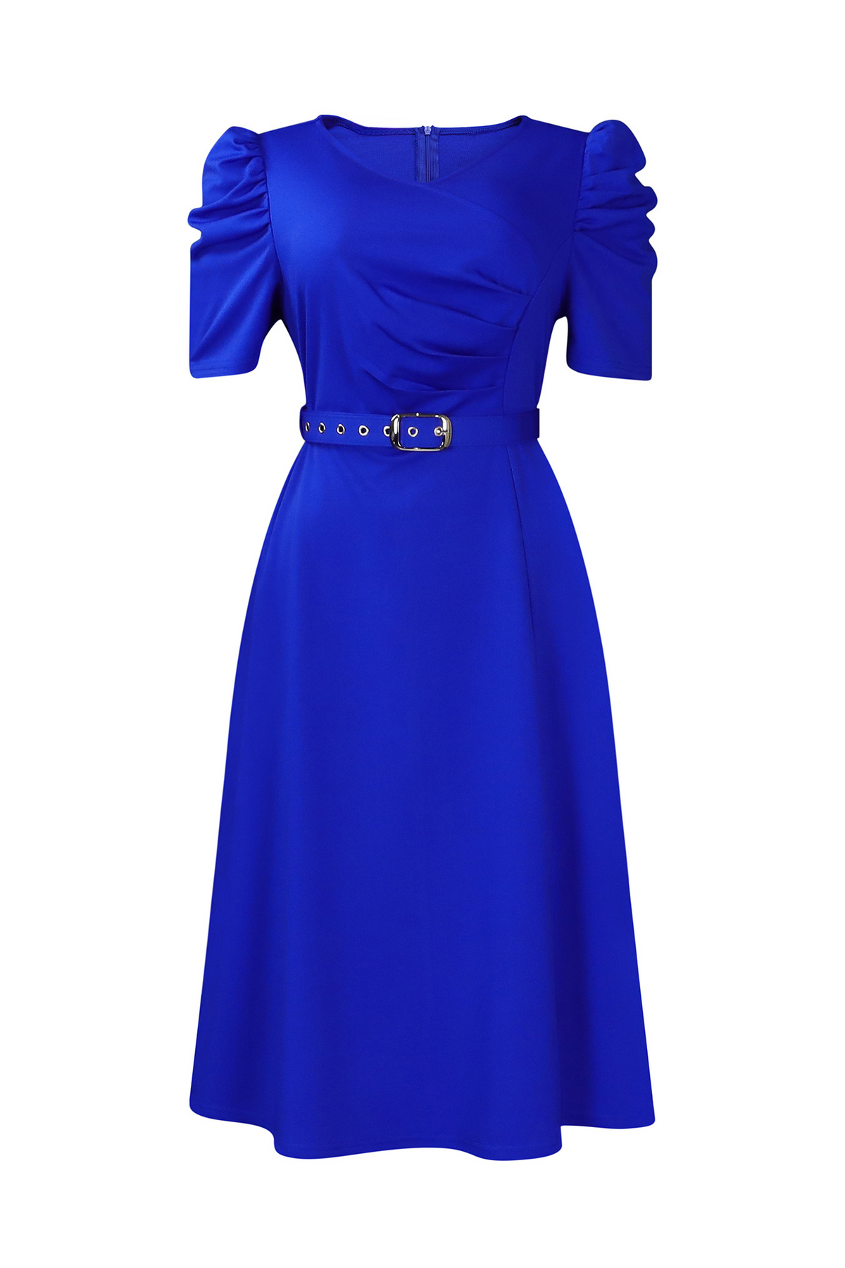 V Neck Short Puff Sleeves High Waist Midi Dress
