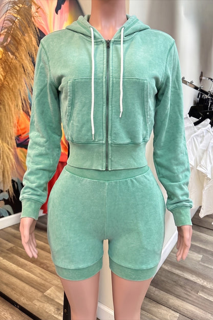 Mineral Wash Zip Hoodie & Shorts Set