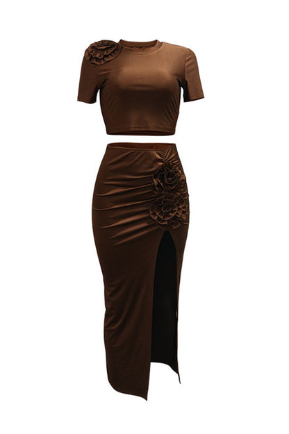 Ruched Split Skirt and Tee Two Piece Set