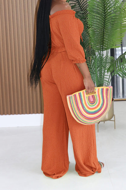 Textured Off-Shoulder Ruched Top & Wide Leg Pants Set